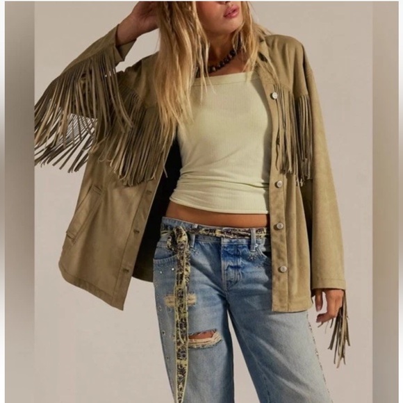 Free People Jackets & Blazers - Free People We The Free Fringe Out Vegan Suede Smoked Green Jacket Size Large